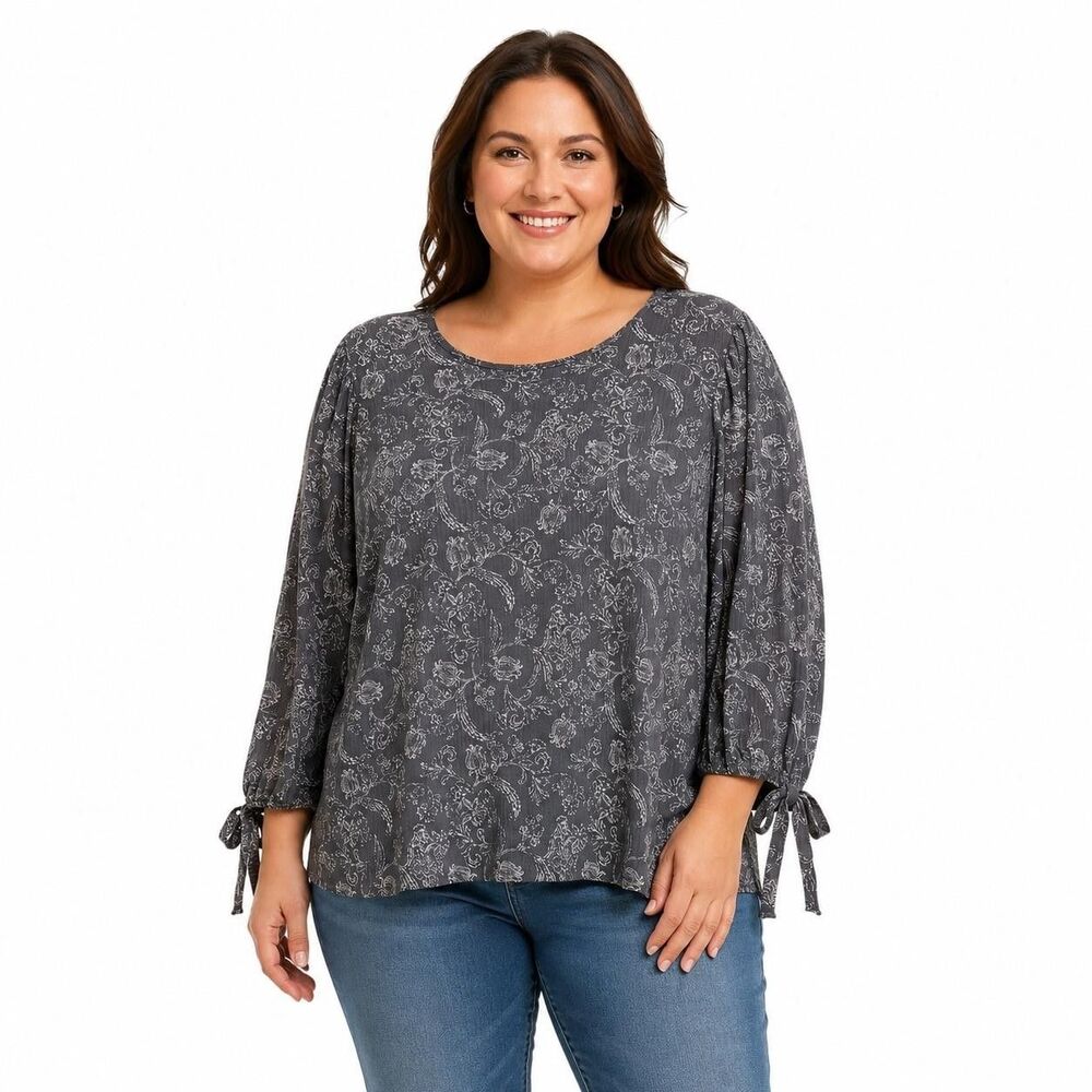 Lucky Brand Shirt Womens 1X Gray Floral Scoop Neck 3/4 Sleeve Tie Top Knit